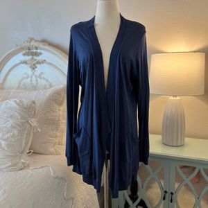 Eileen Fisher size XL blue jacket, asymmetrical hemline, pockets.